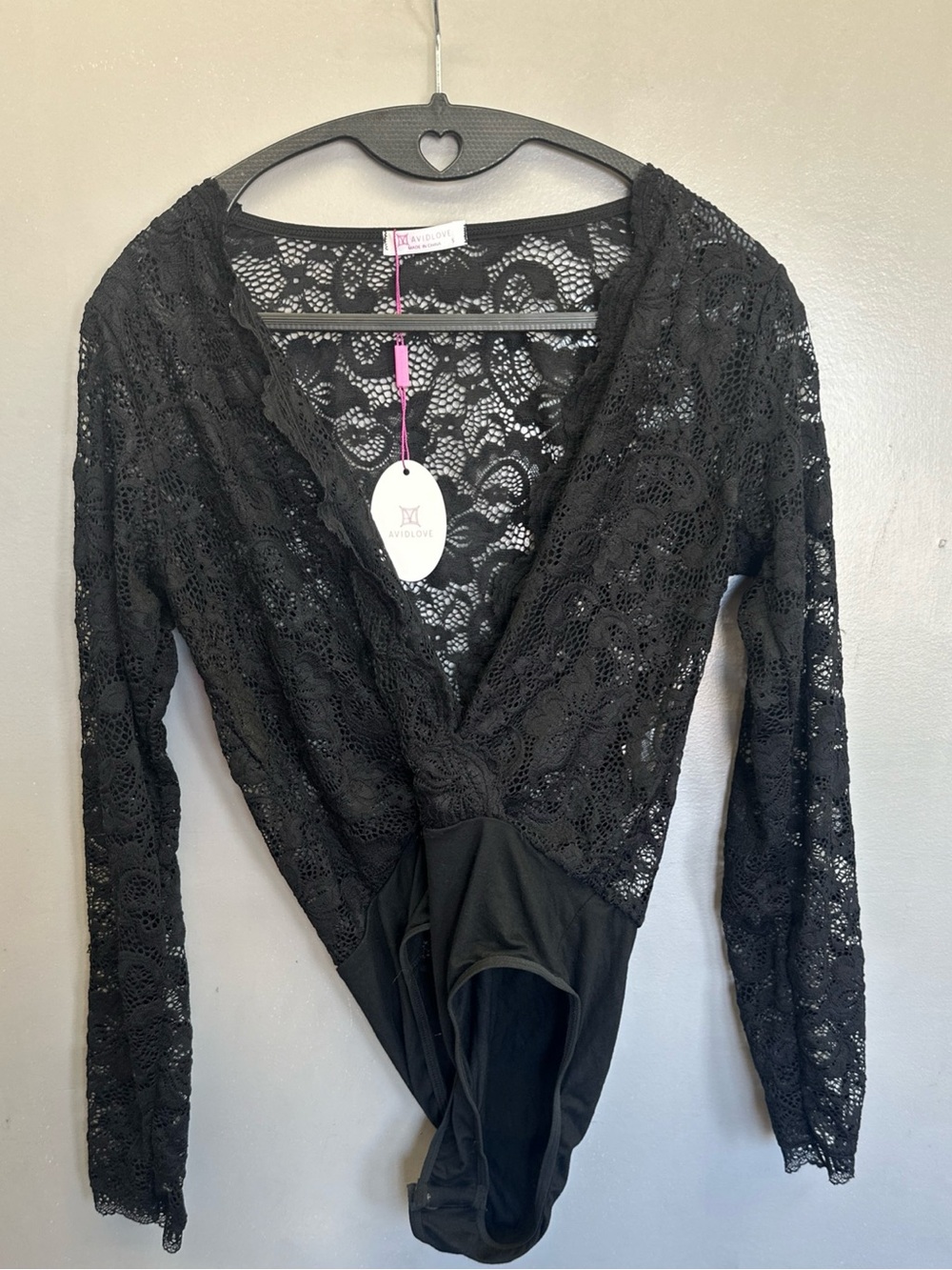 AvidLove Teddy lingerie Woman Small  black lace Plunge V Neck & Cross Back<<366>